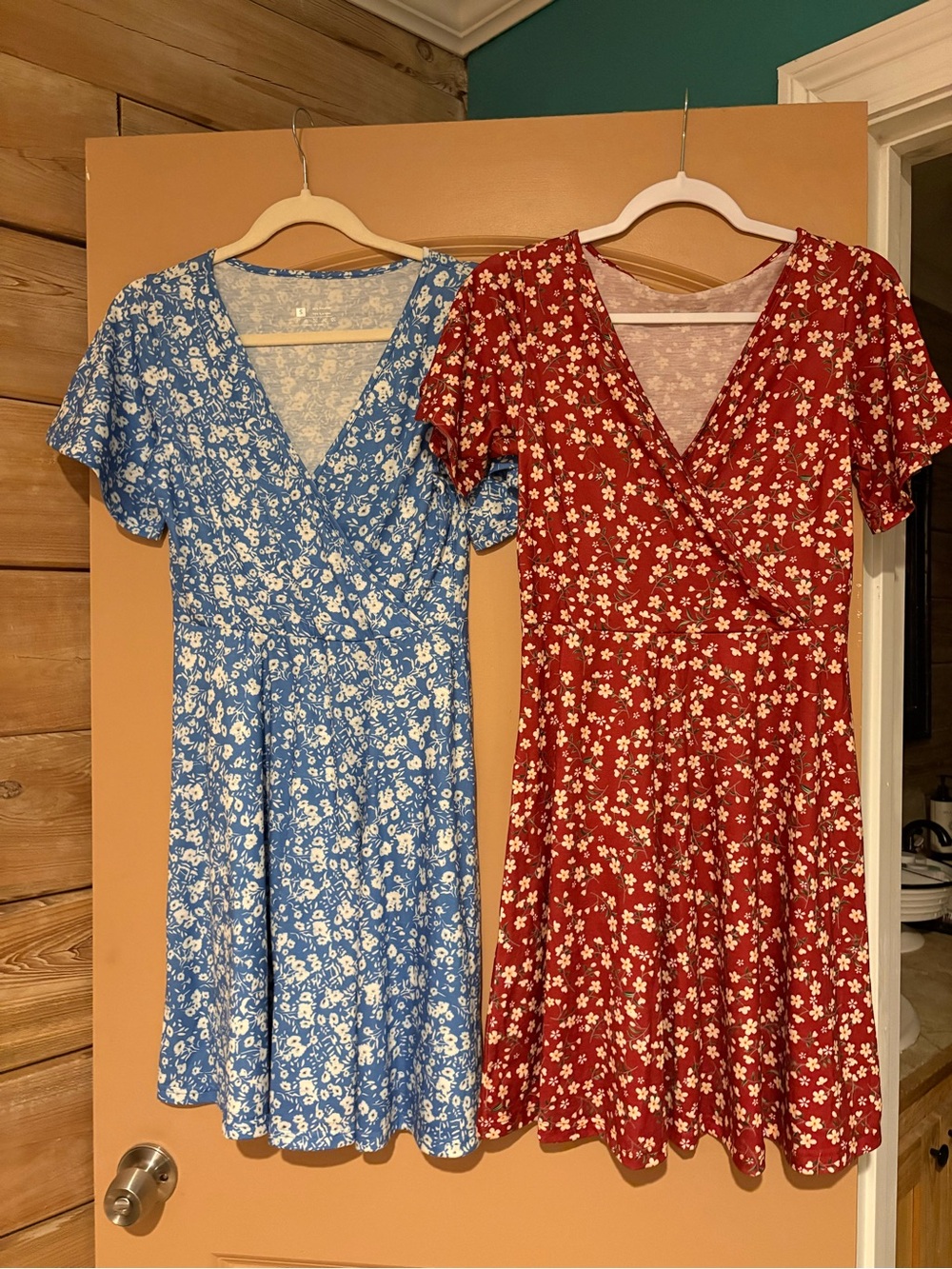 Floral Wrap-Front Short Sleeve Dress - Blue & Red